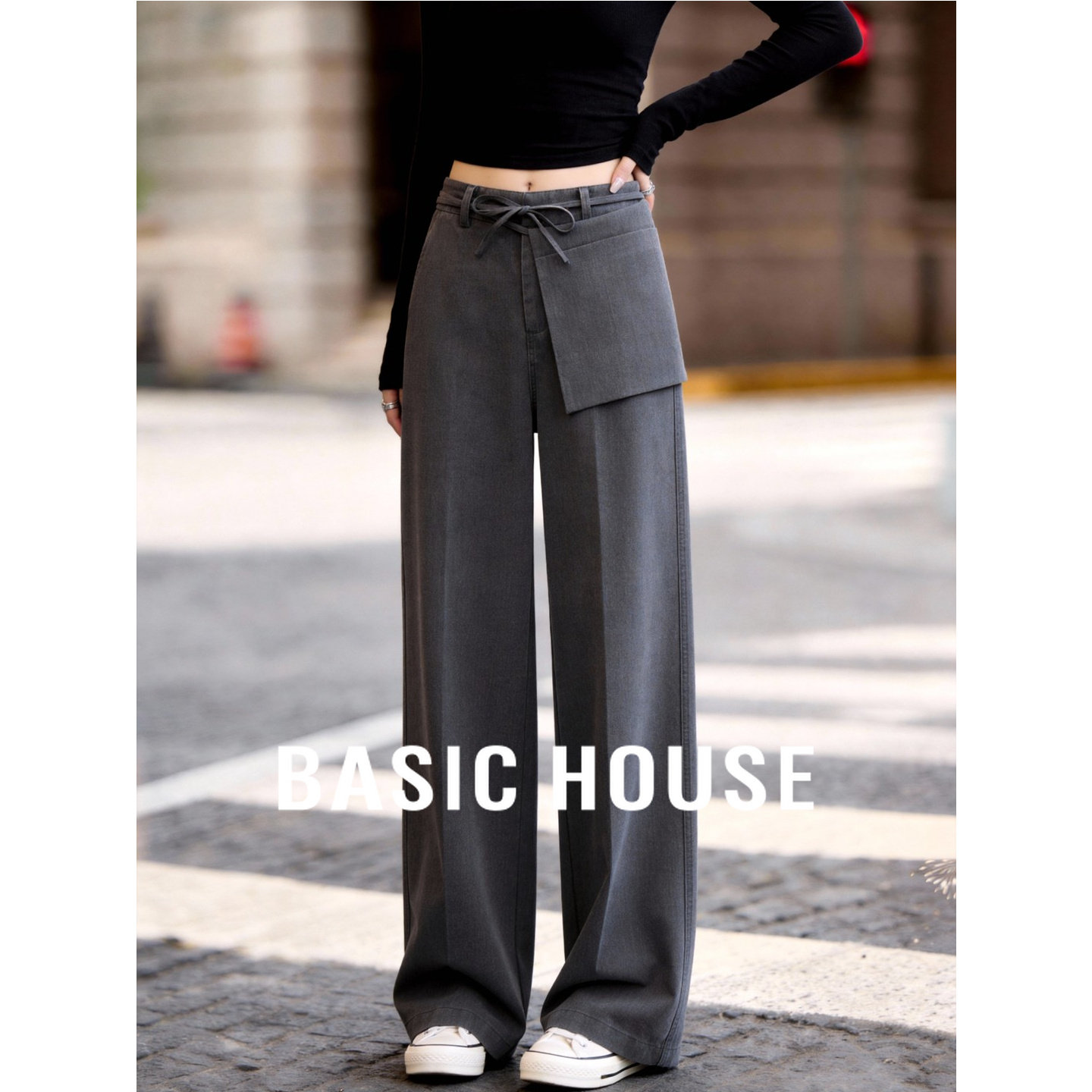 百家好灰色高腰抽绳阔腿西裤女春季新款不规则口袋设计休闲长裤子