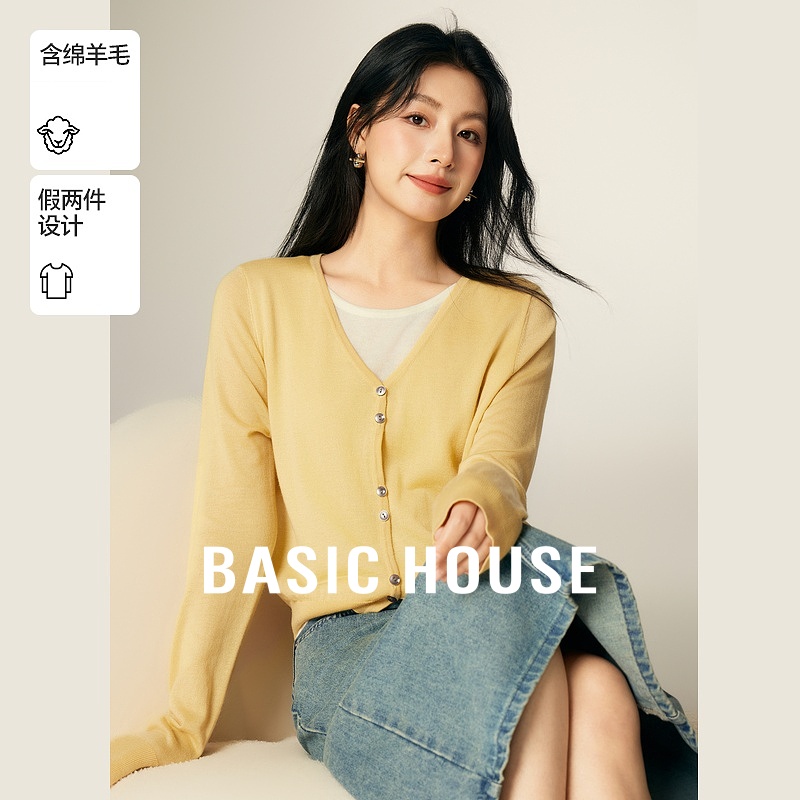 下架不用-百家好绵羊毛假两件针织衫秋冬撞色正肩短款圆领上衣