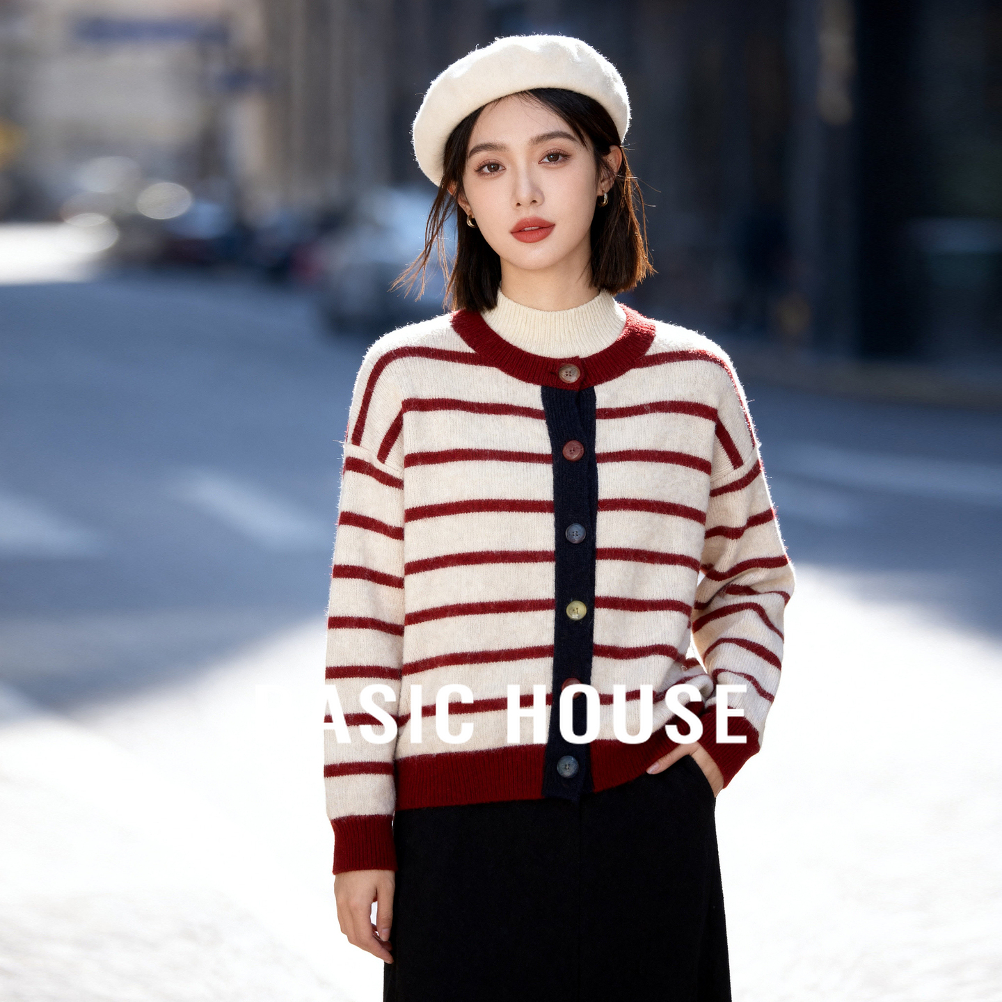 Basic House/百家好撞色条纹毛衣女款2025秋冬新款圆领开衫外套