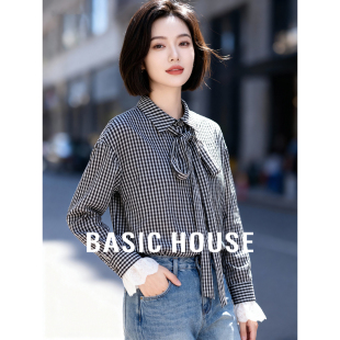 女秋季 百家好撞色格纹拼接花边衬衫 绑带收腰独特上衣 House Basic