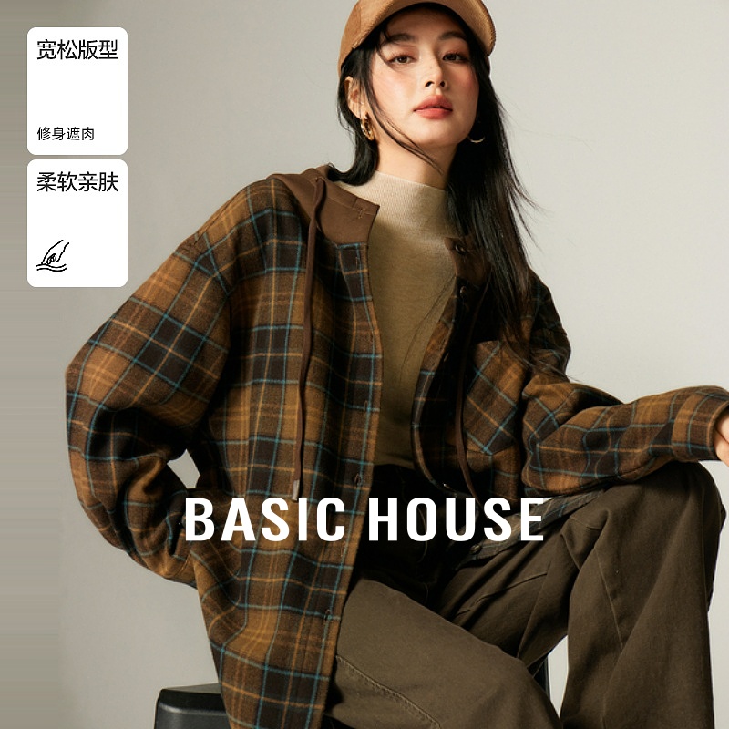Basic House/百家好复古连帽格子衬衫宽松显瘦撞色外套上衣秋冬女