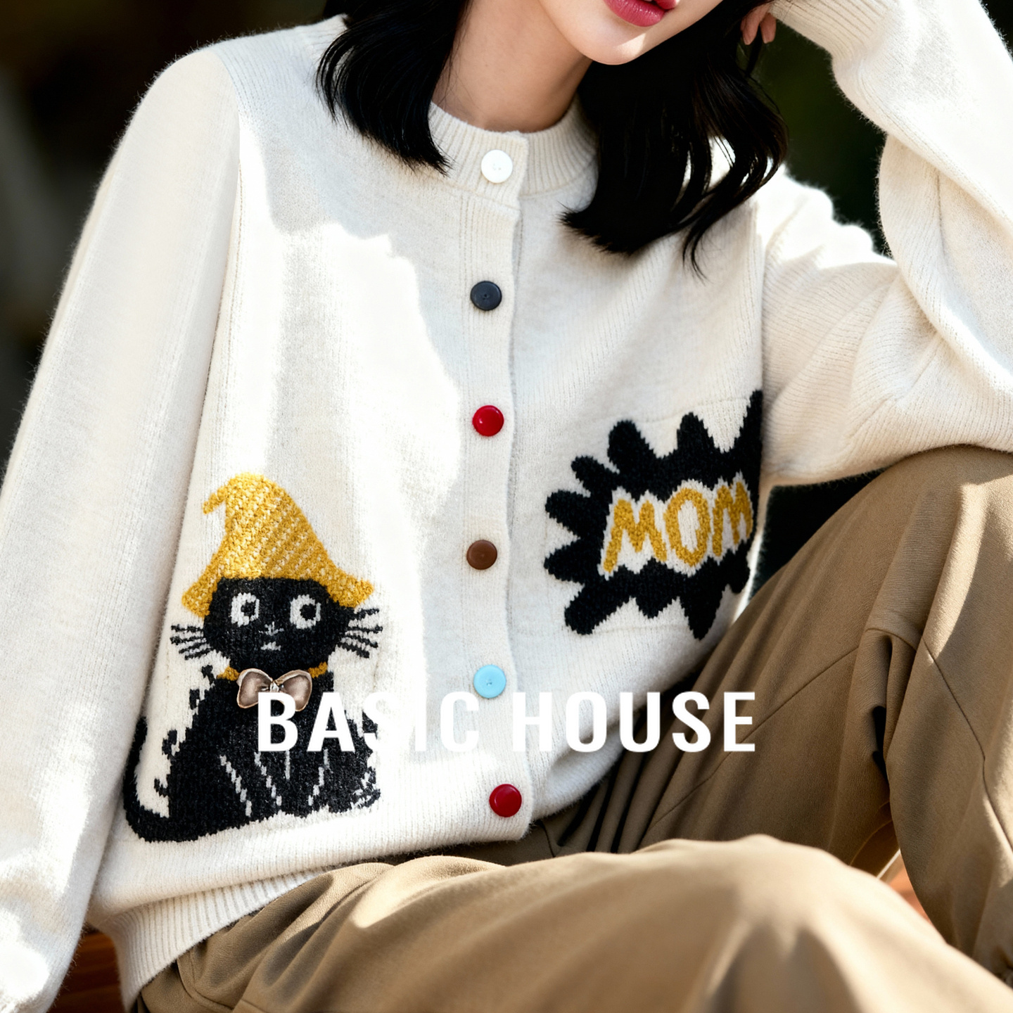 Basic House/百家好彩色纽扣开衫毛衣女25秋款提花设计感休闲外套