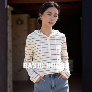 百家好韩系黑白条纹连帽针织衫春季新款女士宽松显瘦抽绳长袖上衣