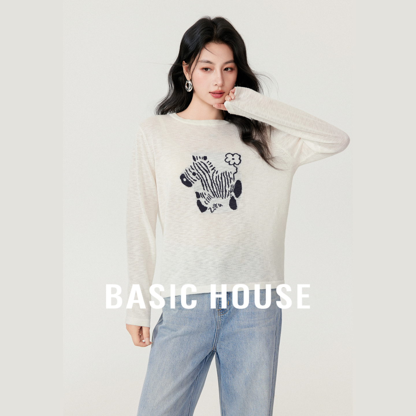 Basic House/百家好动物刺绣撞色针织衫秋季宽松休闲圆领套头上衣