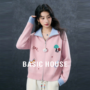 Basic House/百家好减龄木马刺绣针织开衫女半高领拉链毛衣外套