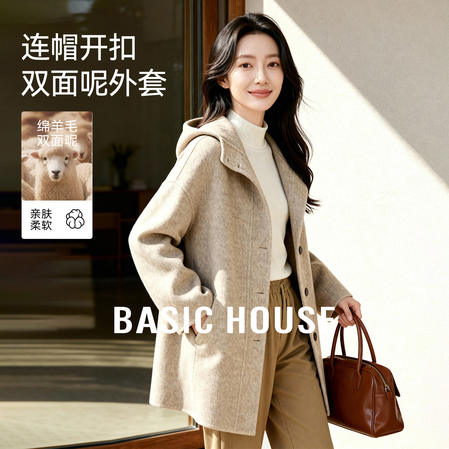 Basic House/百家好连帽羊毛双面呢大衣女款冬季新款宽松高级外套