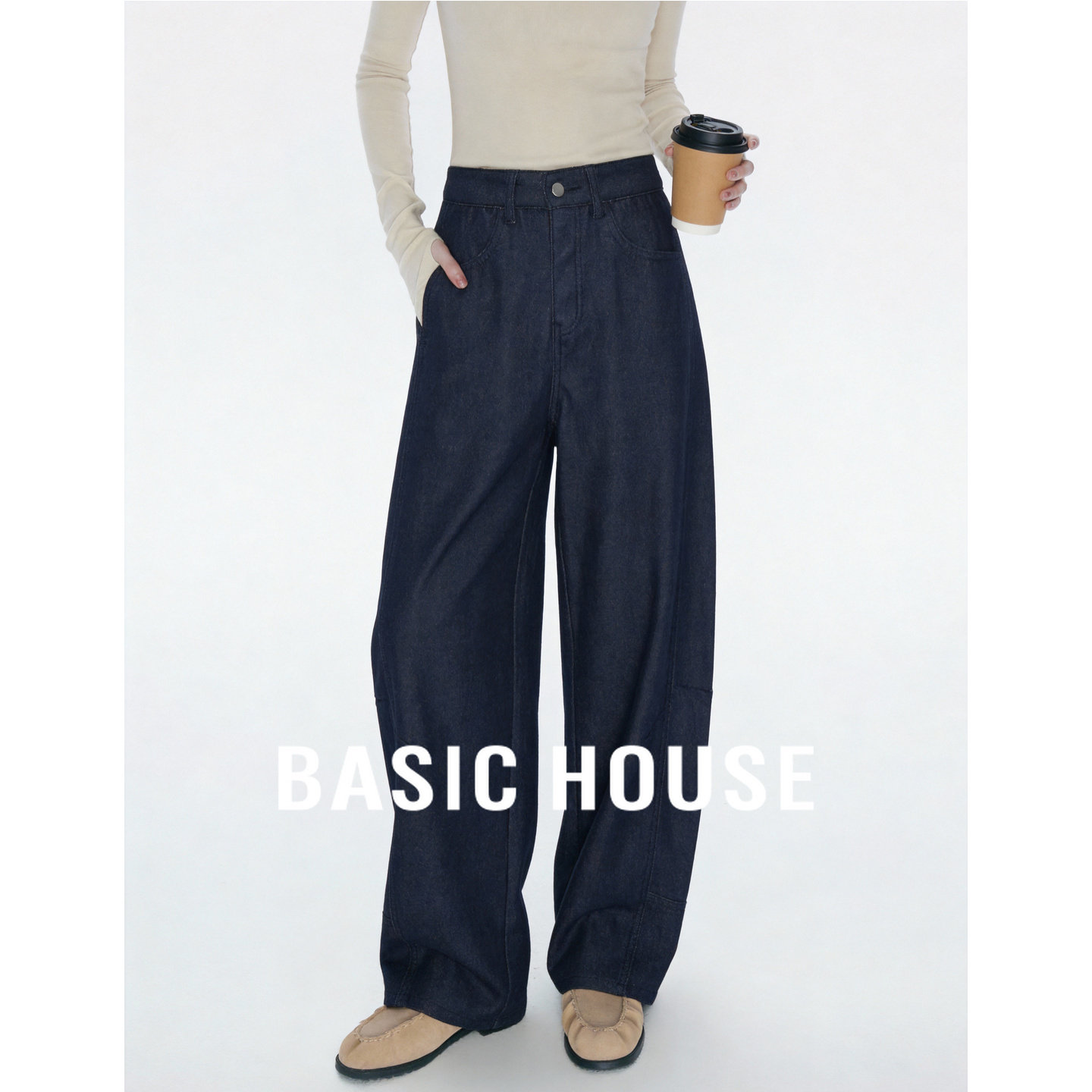 百家好立体拼接阔腿高腰宽松显瘦垂坠感2026春季新款休闲牛仔裤