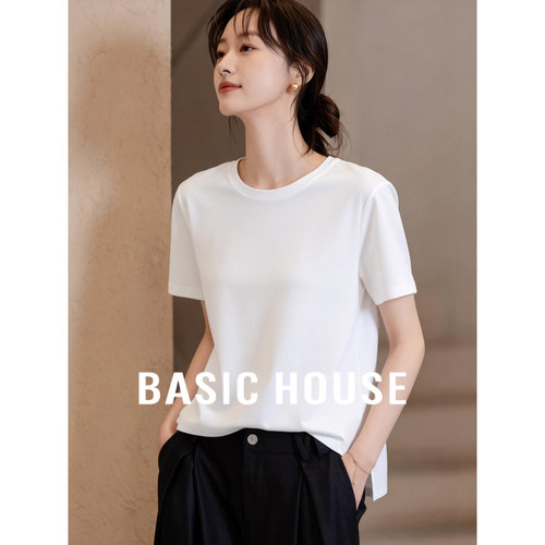 Basic House/百家好宽松纯色天丝短袖T恤女新款基础圆领打底上衣