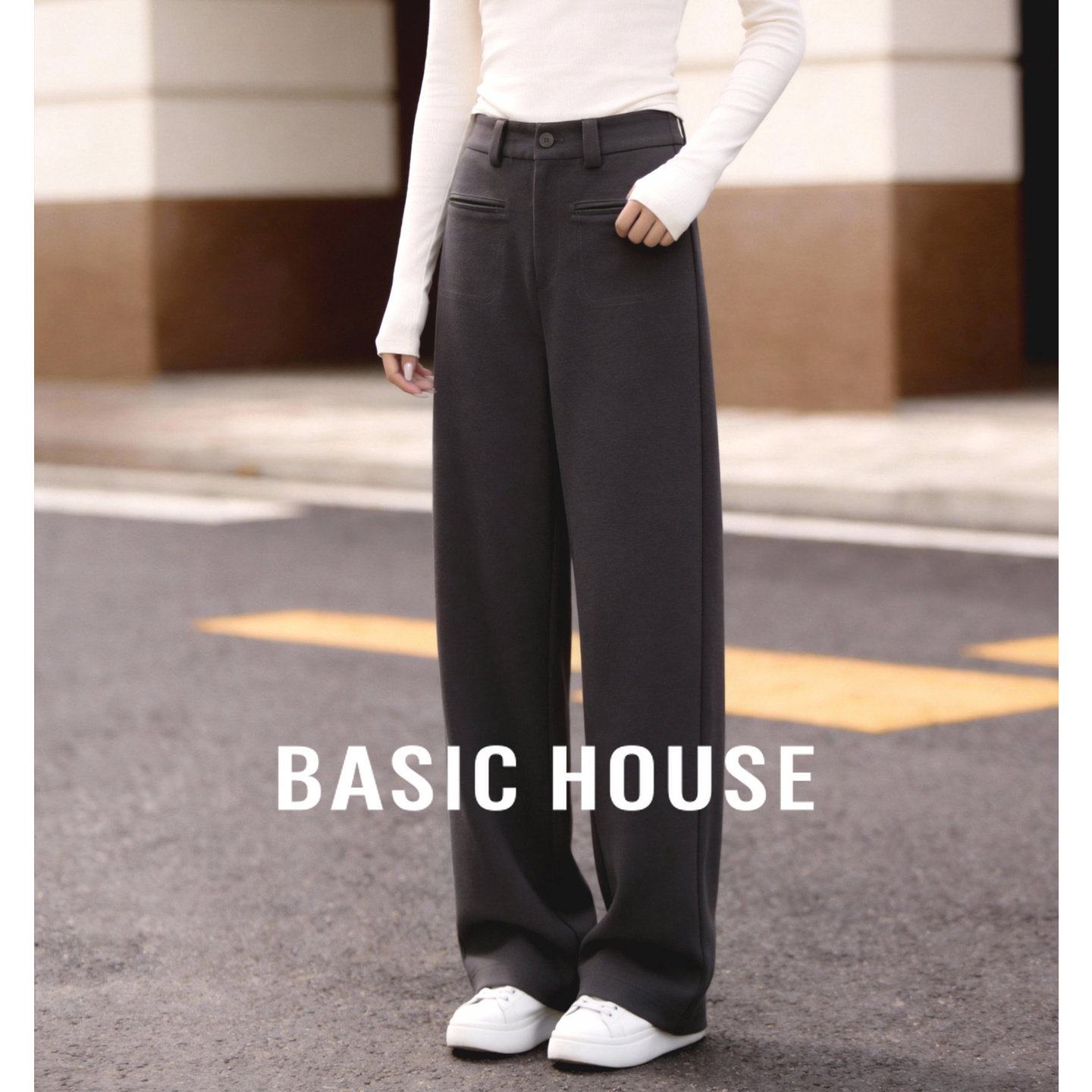 Basic House/百家好窄版直筒西装裤春季新款垂感灰色休闲阔腿裤女
