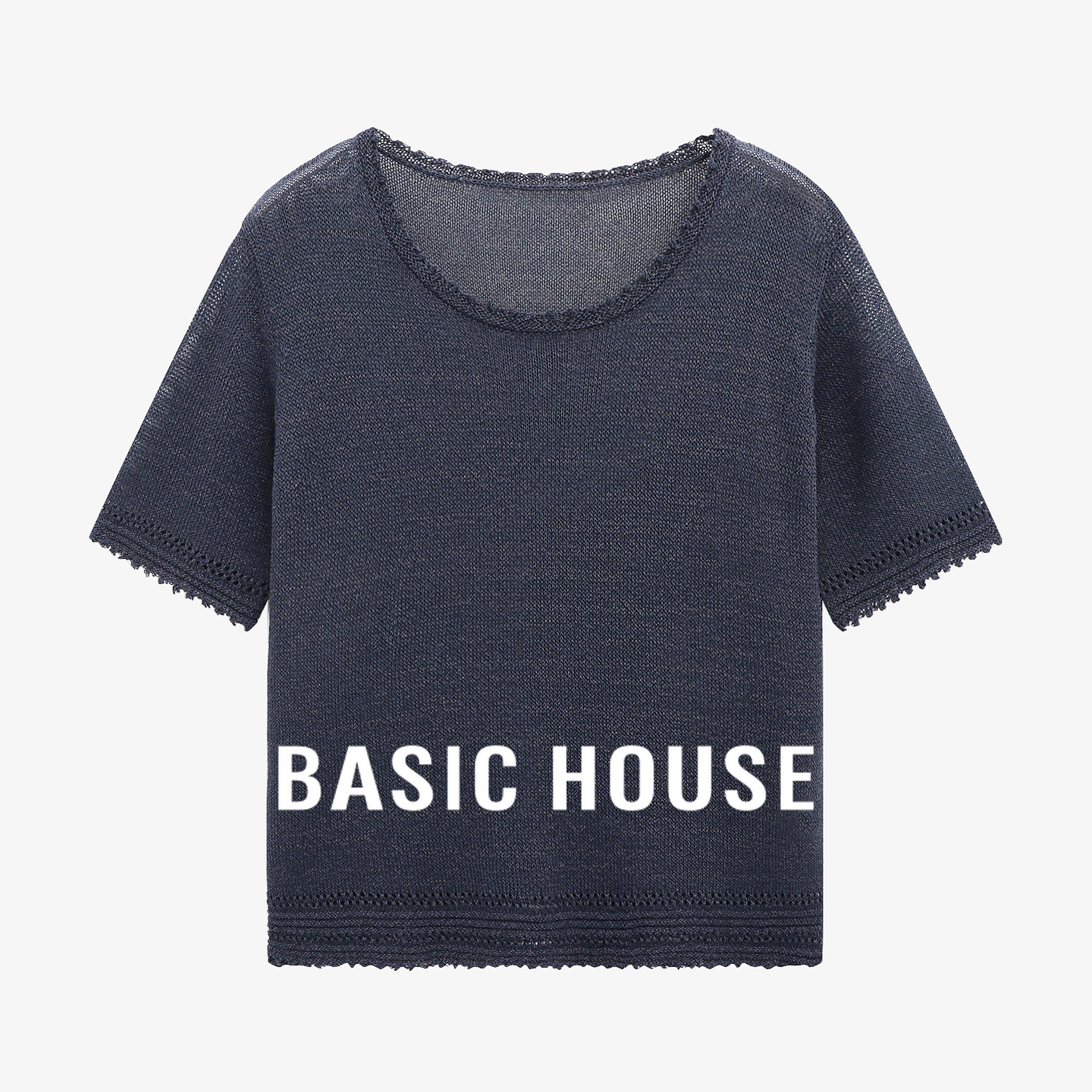 Basic House/百家好花边袖口设计简约百搭夏季新款宽松短袖针织衫
