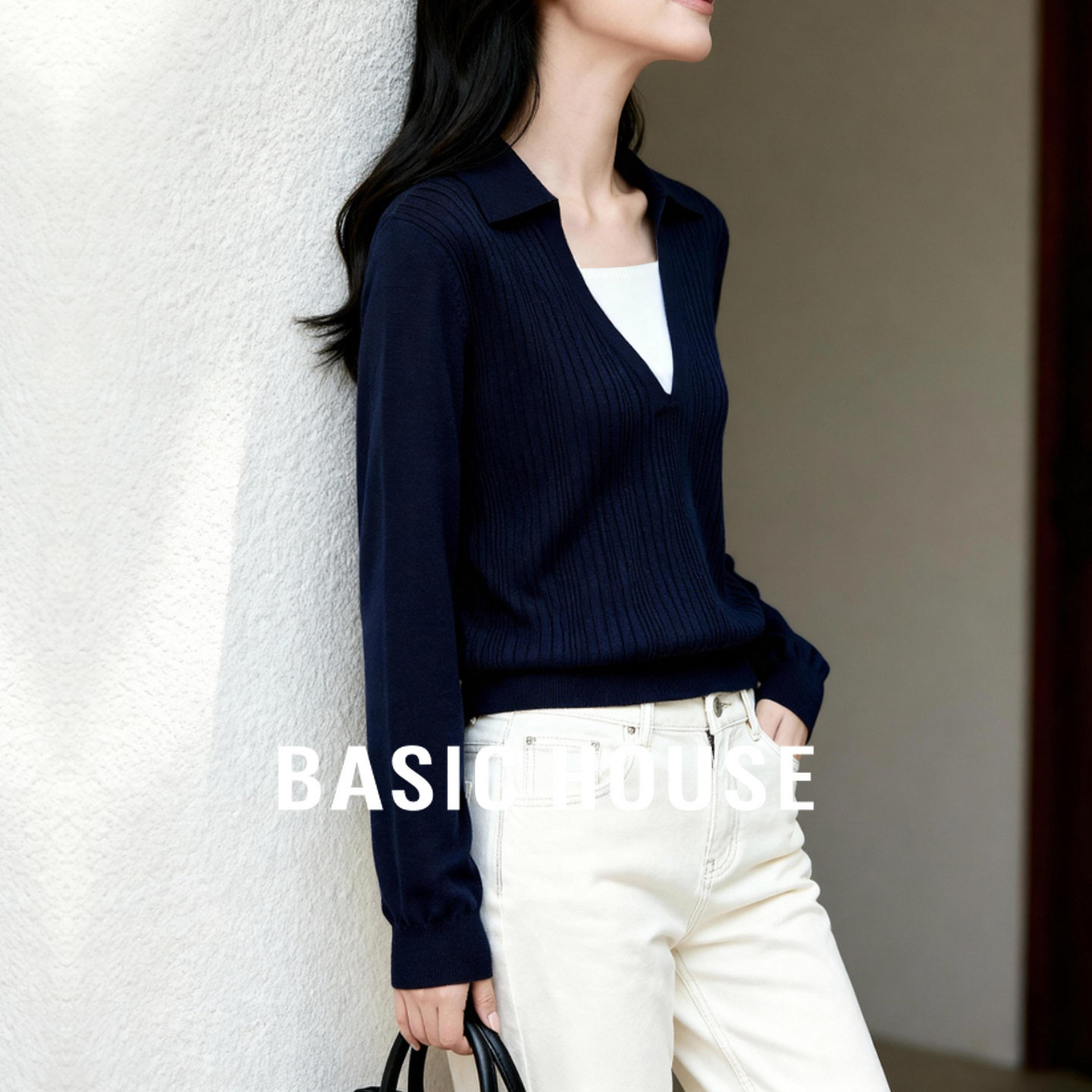 Basic House/百家好春季新款高级套头撞色假两件V领长袖针织衫女