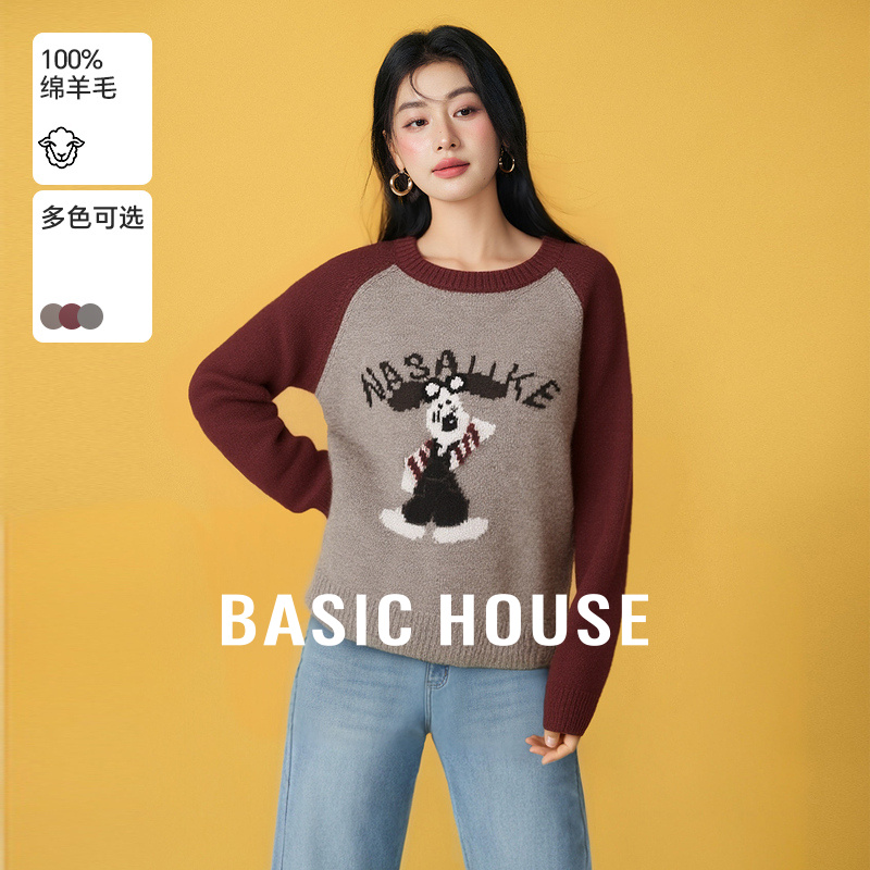 Basic House/百家好撞色卡通提花毛衣洋气绵羊毛圆领插肩袖上衣女