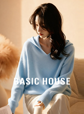 Basic House/百家好蓝色套头羊毛衫女冬季新款连帽慵懒风针织毛衣