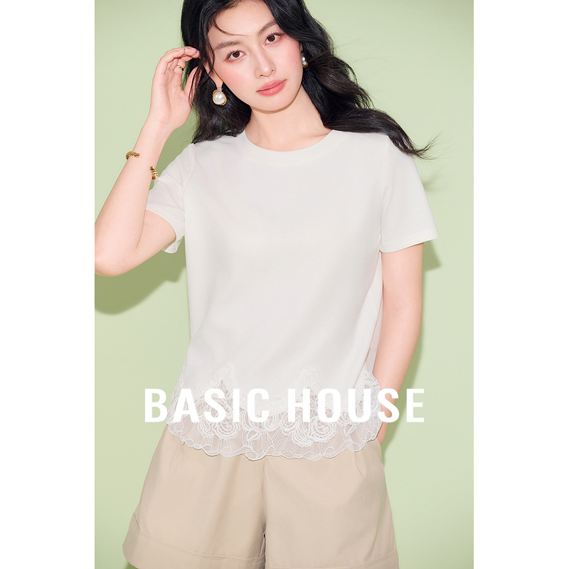 Basic House/百家好淡人休闲蕾丝下摆设计感夏季新款宽松短袖T恤