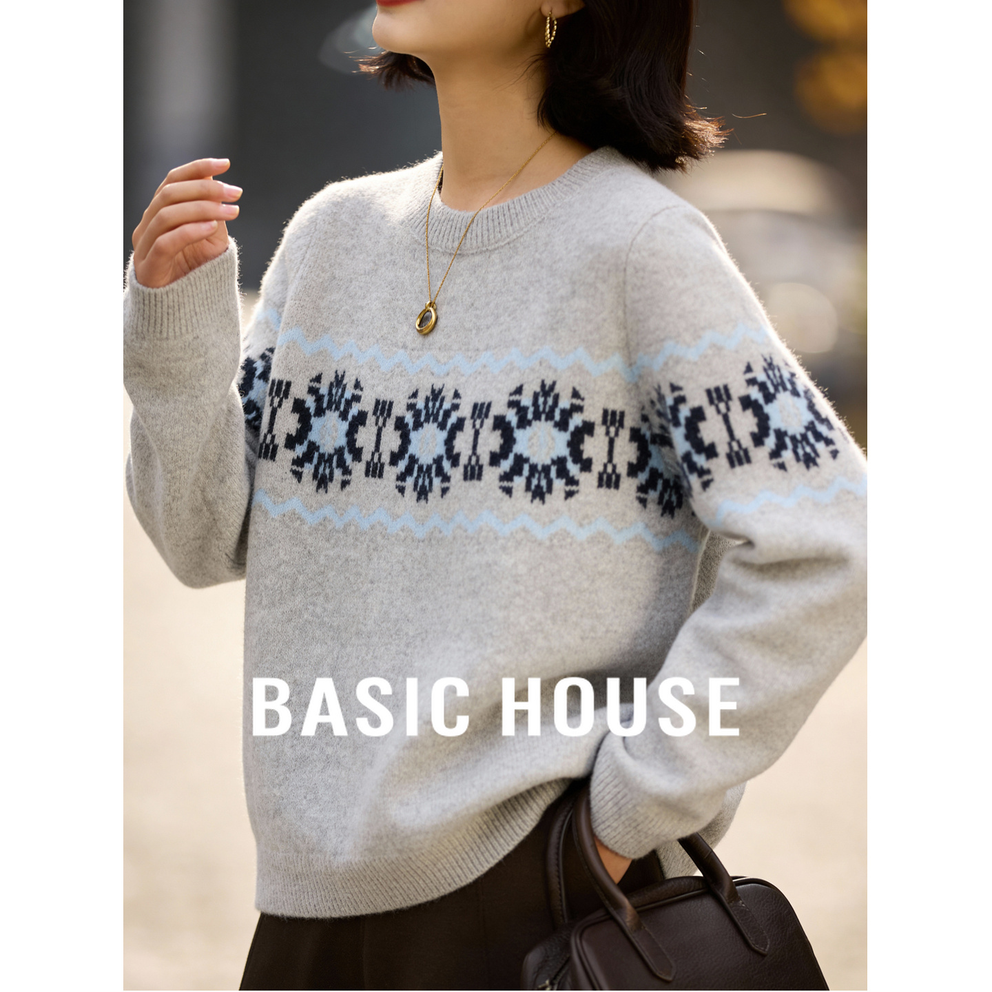 Basic House/百家好复古费尔岛圣诞圆领毛衣冬宽松针织衫女士毛衫