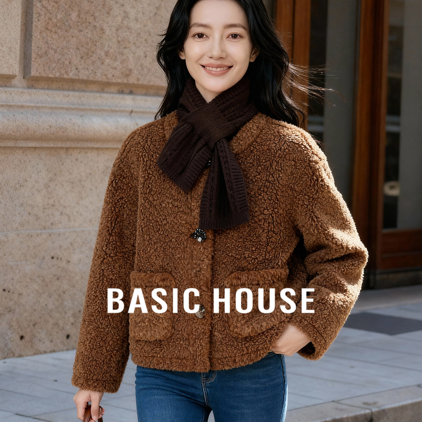 Basic House/百家好韩系慵懒风颗粒绒短外套女2025冬季小个子上衣