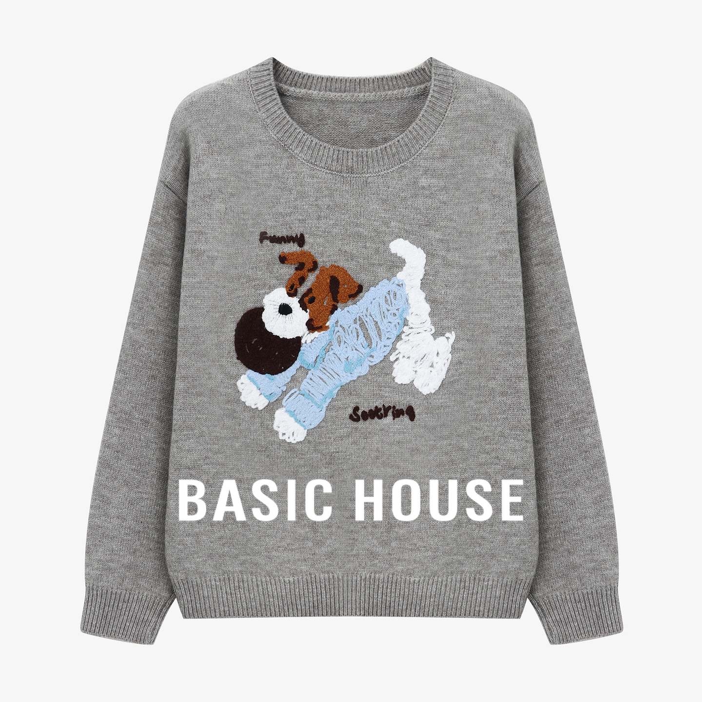 Basic House/百家好小狗长袖套头毛衣女2025秋冬新款卡通减龄上衣