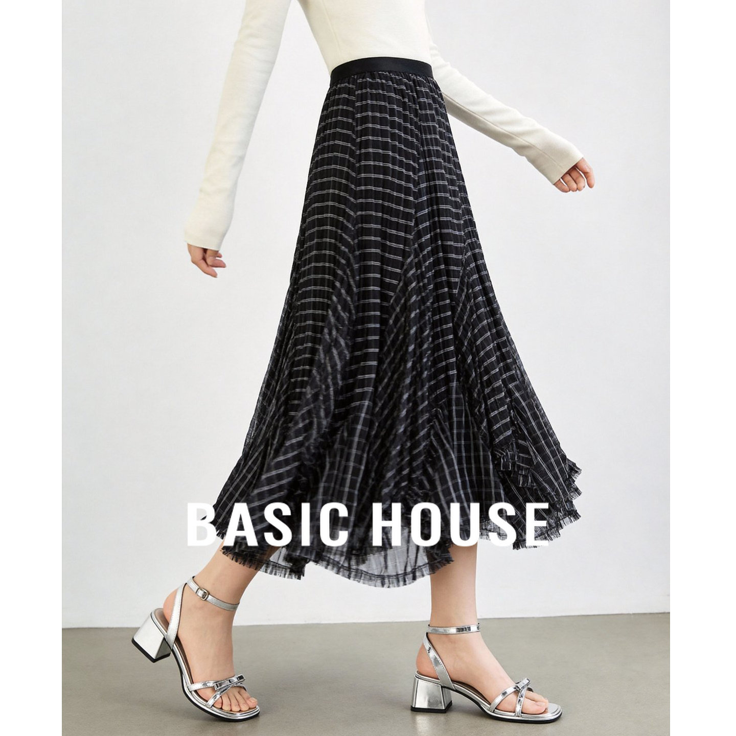 Basic House/百家好复古格纹半身裙春季新款不规则下摆a字中长裙