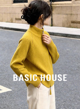 Basic House/百家好半高领黄色毛衣女新款羊毛衫坑条针织开衫外套