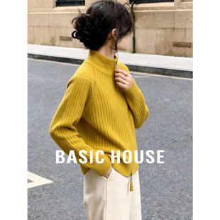 Basic House/百家好半高领黄色毛衣女新款羊毛衫坑条针织开衫外套