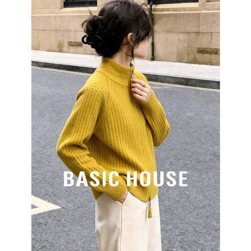 Basic House/百家好半高领黄色毛衣女新款羊毛衫坑条针织开衫外套
