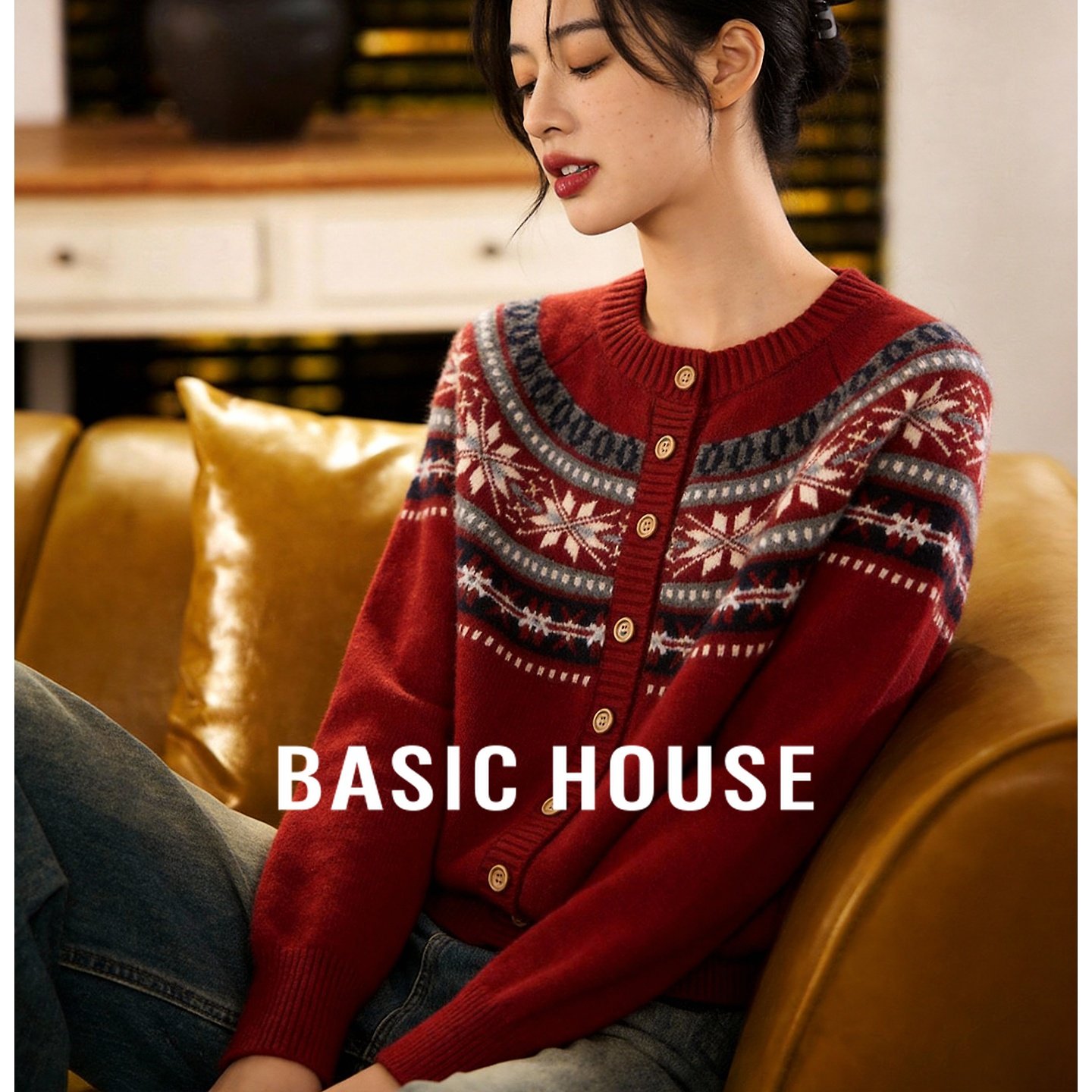 百家好新年红费尔岛针织毛衣女2026春新款复古单排扣宽松圆领开衫,女装/女士精品,毛衣,淘宝优惠券,粉丝福利购,淘宝优惠卷