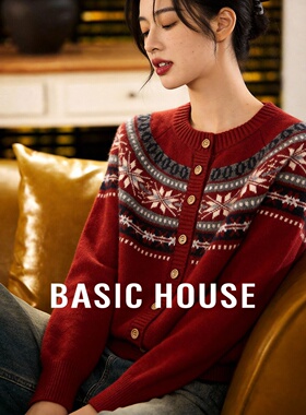 百家好新年红费尔岛针织毛衣女2026春新款复古单排扣宽松圆领开衫