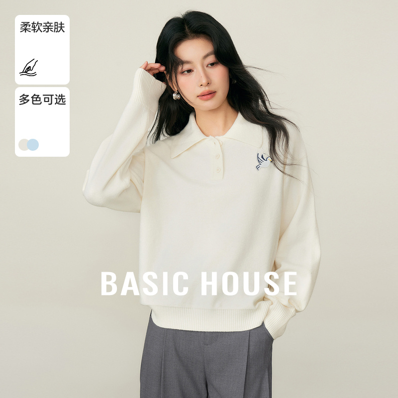 Basic House/百家好韩版polo领纽扣毛衣新款卡通刺绣落肩内搭上衣