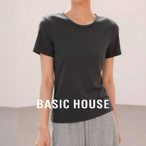 Basic House/百家好灰色修身圆领短袖T恤女夏季简约百搭棉感上衣