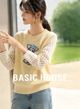 百家好假两件雪纳瑞刺绣条纹拼接袖上衣甜妹风减龄显瘦叠穿毛衣