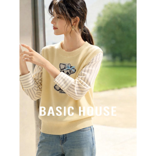 百家好假两件雪纳瑞刺绣条纹拼接袖上衣甜妹风减龄显瘦叠穿毛衣