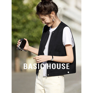 Basic House/百家好简约拼色开衫马甲女夏季修身显瘦叠穿外搭背心