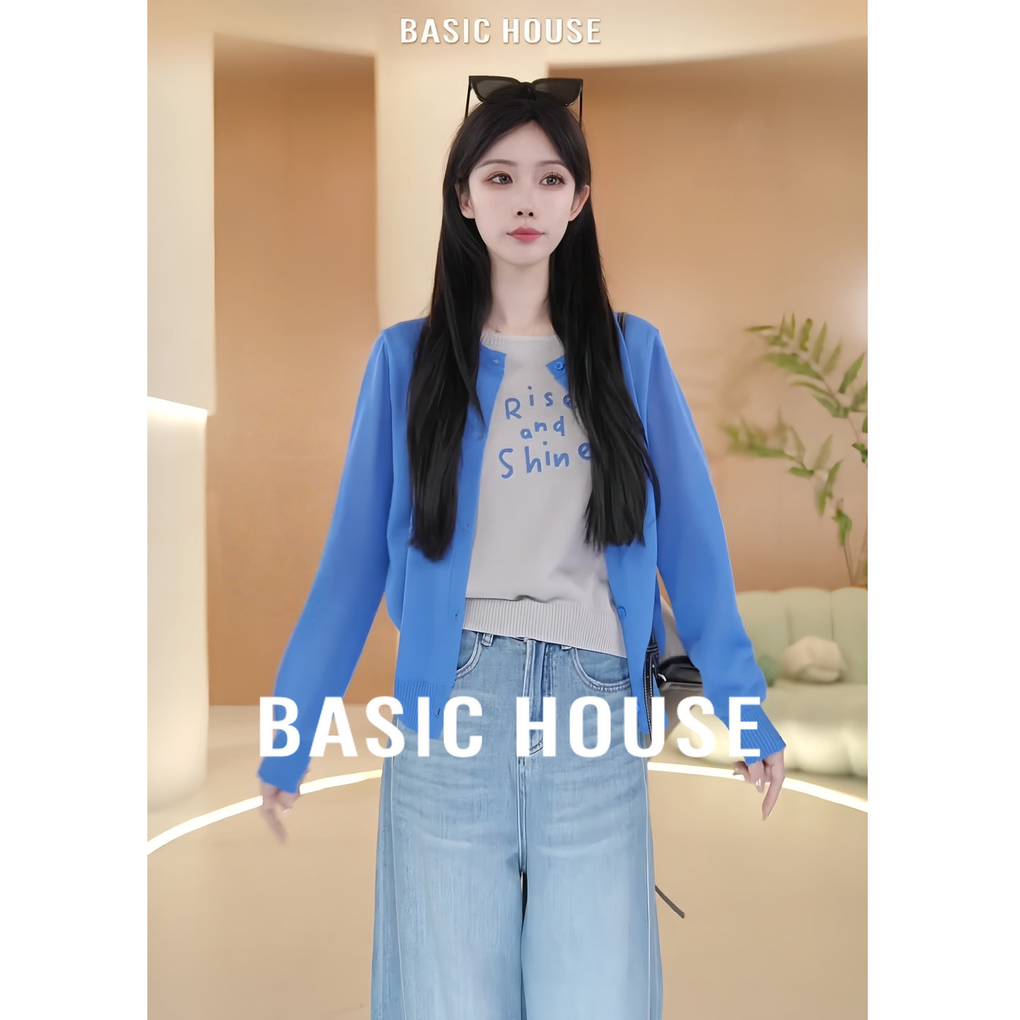 Basic House/百家好克莱因蓝莱赛尔假两件针织衫女夏薄款防晒上衣