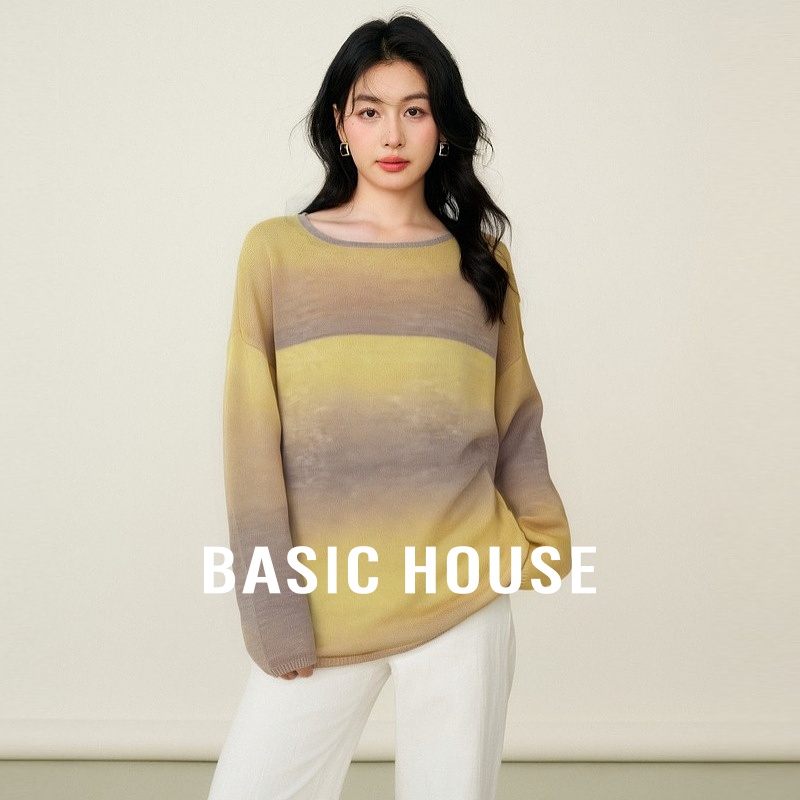 Basic House/百家好高级感渐变可露丽针织衫秋流行套头长袖上衣女