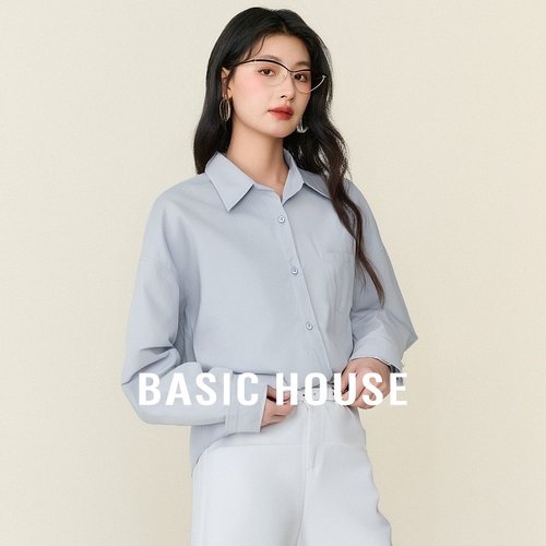 Basic House/百家好韩版白色不规则翻领衬衫秋冬新款宽松短款衬衣