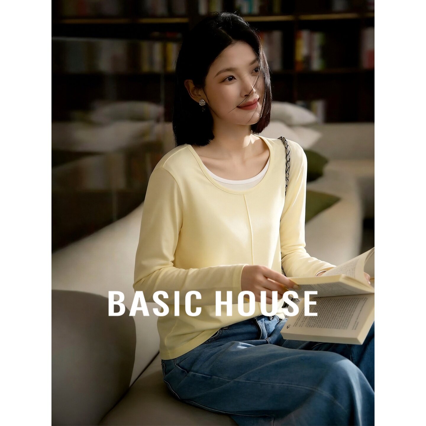 Basic House/百家好假两件简约风长袖T恤女夏薄款内搭打底衫上衣