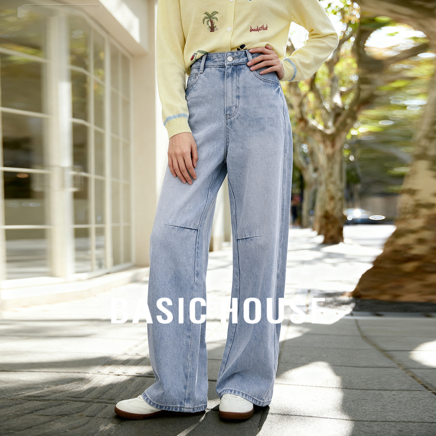 Basic House/百家好复古弯刀牛仔裤女秋季新款流行高腰显瘦阔腿裤