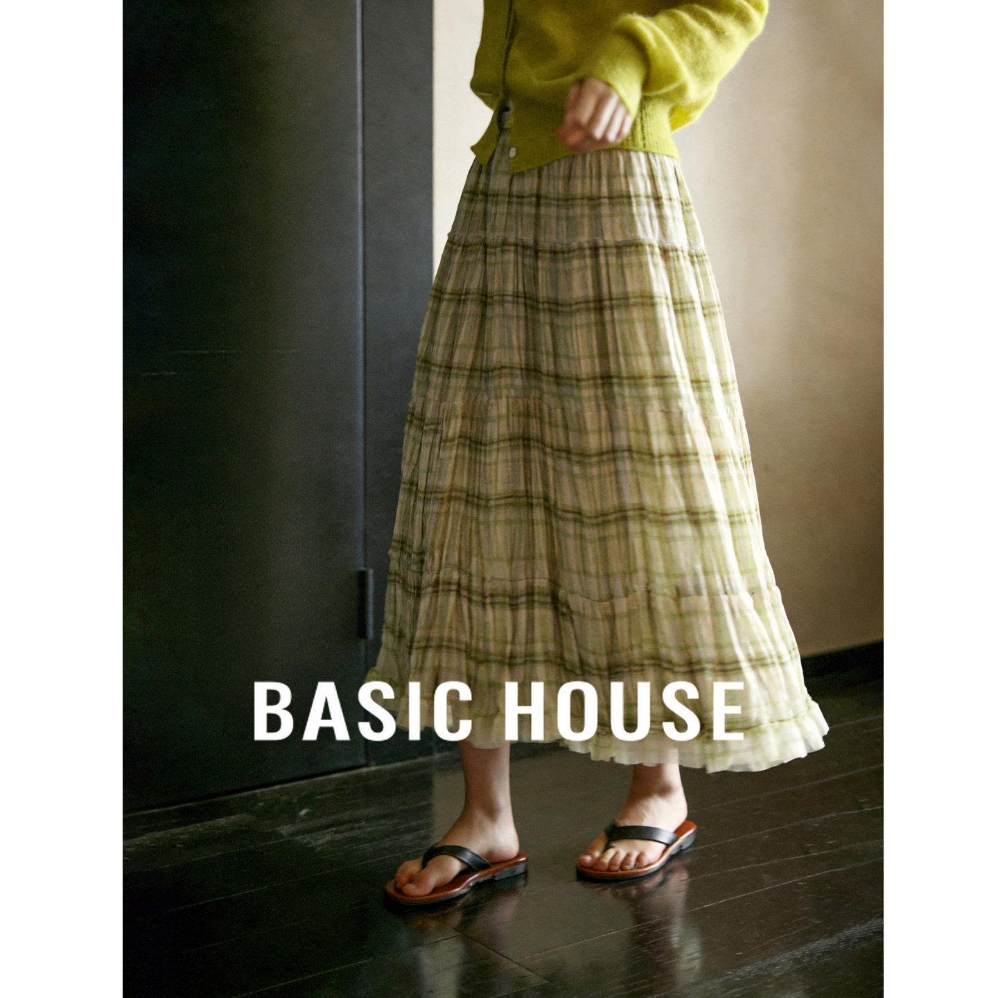 Basic House/百家好松紧腰褶皱中长款半身裙女夏季新款撞色蛋糕裙