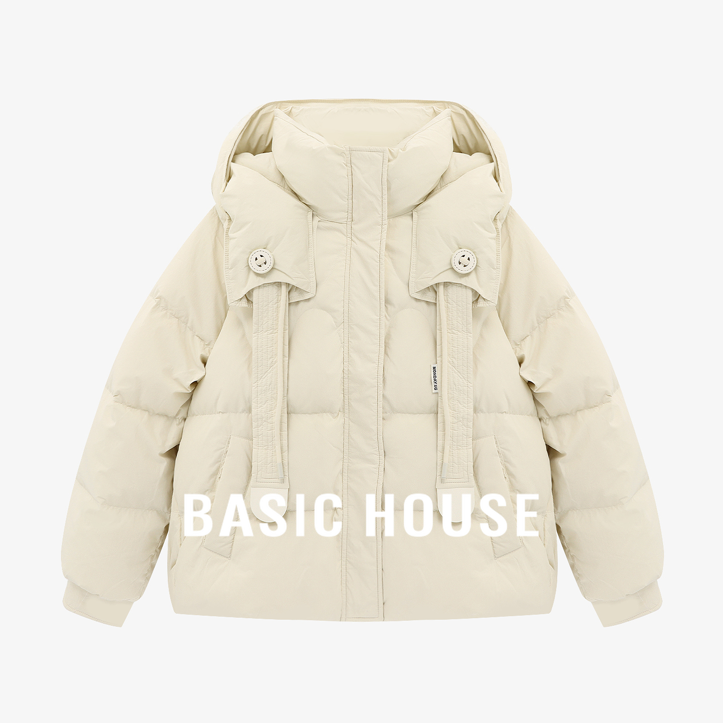 Basic House/百家好抽绳连帽短款羽绒服女冬季保暖白鸭绒宽松外套