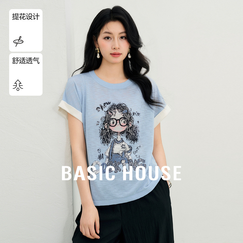 Basic House/百家好卡通撞色短袖针织衫夏秋设计感圆领套头上衣女