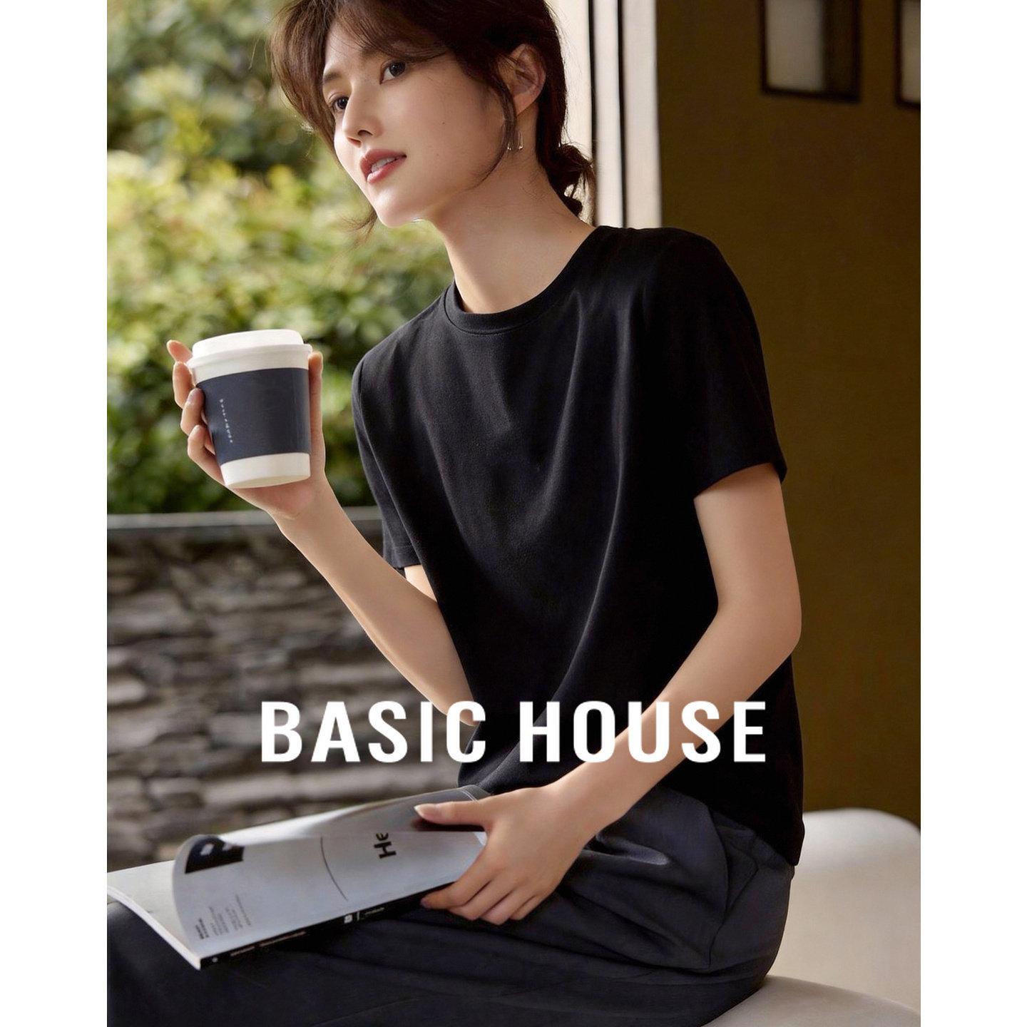 Basic House/百家好春夏季白色短袖T恤女宽松正肩圆领基础打底衫
