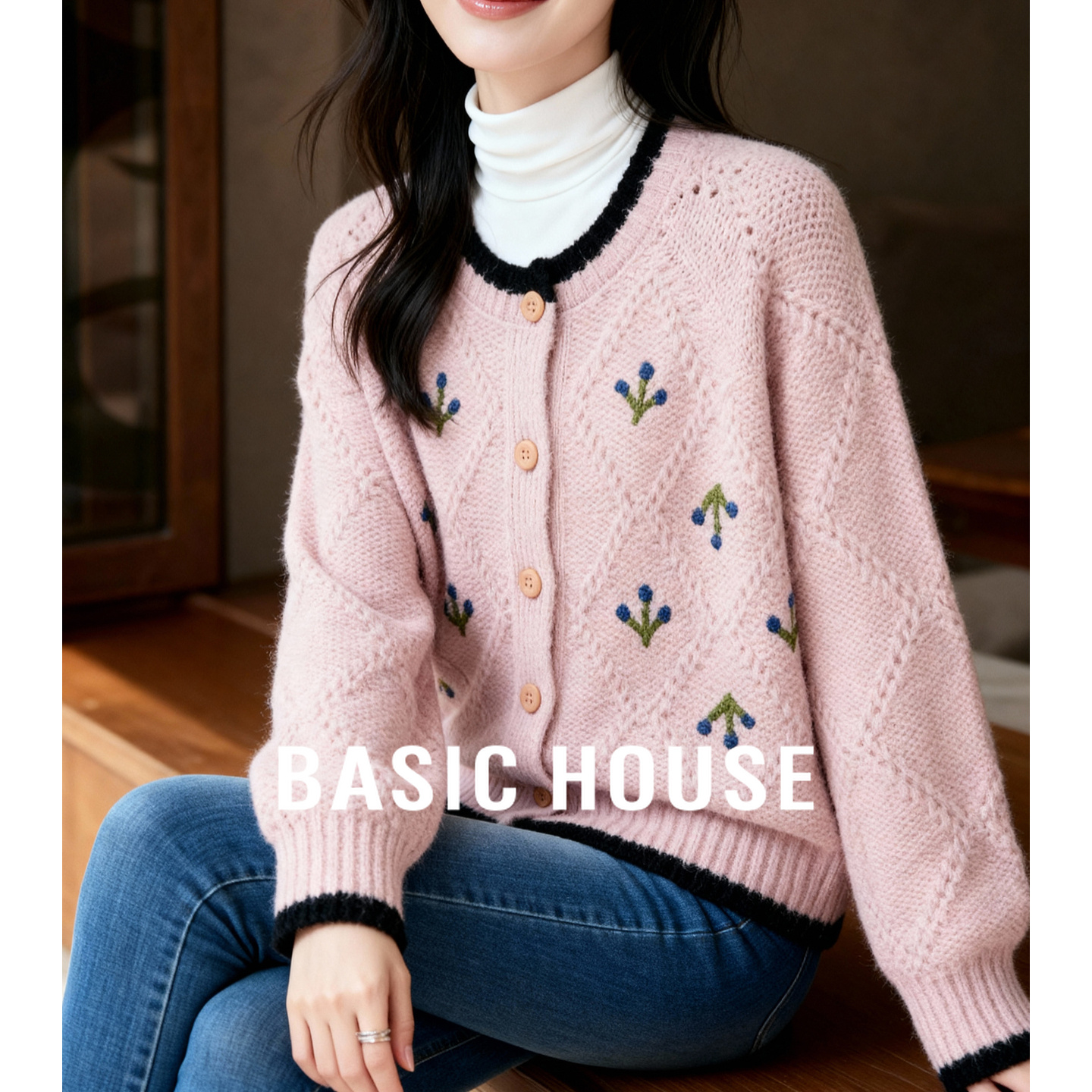 Basic House/百家好刺绣小花针织开衫女撞色圆领甜美减龄毛衣外套