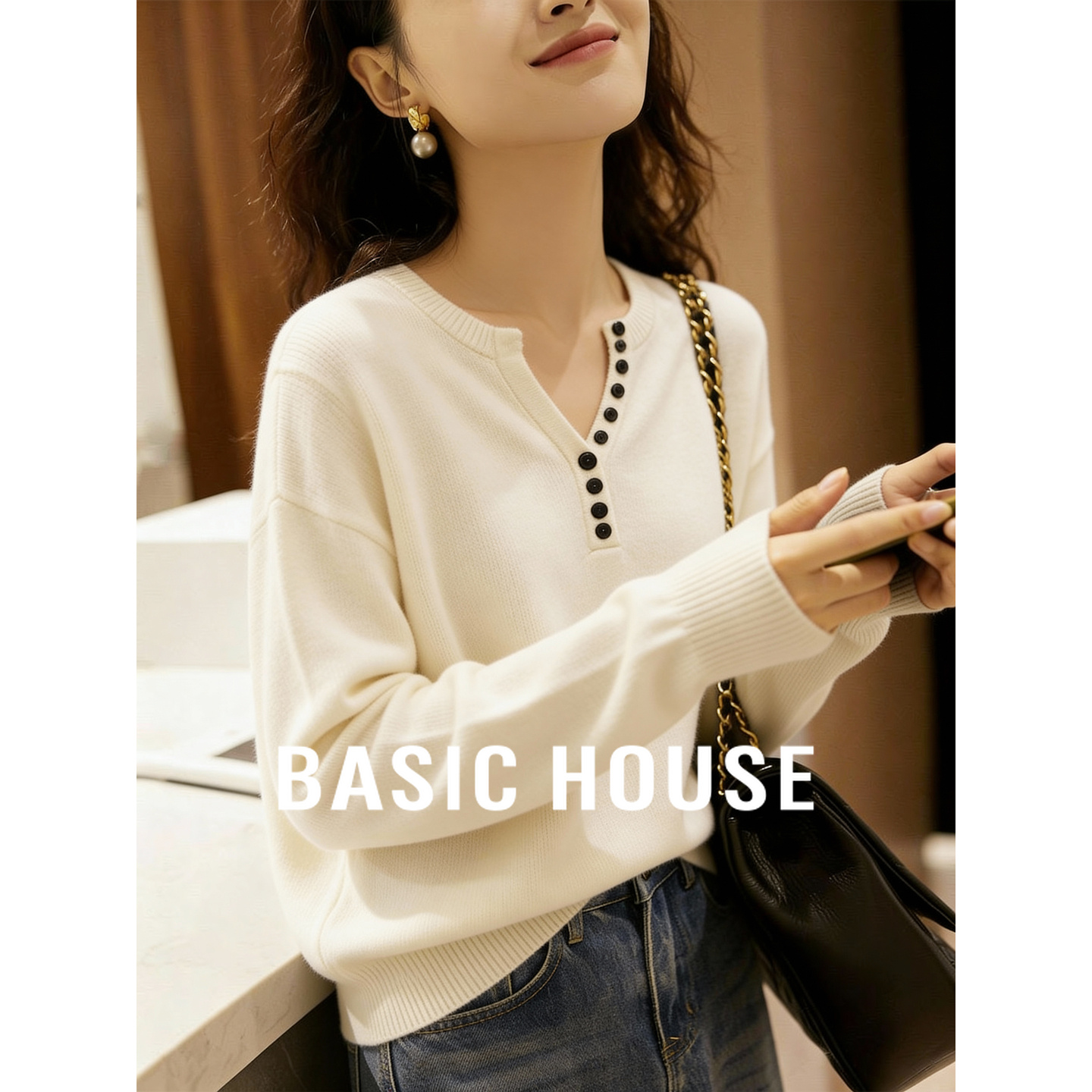 百家好休闲V领羊毛针织衫女冬季新款半扣设计显瘦百搭毛衣打底衫