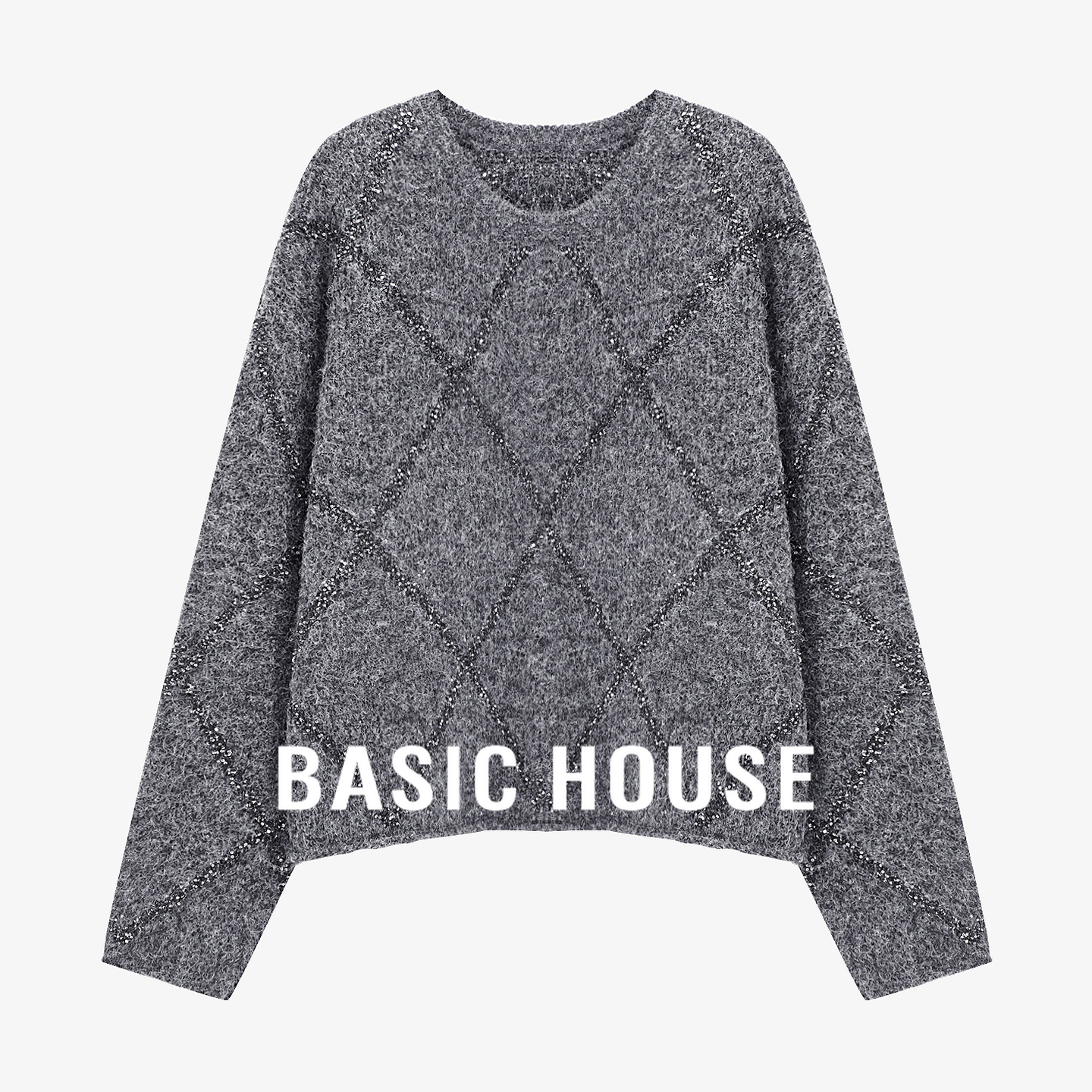Basic House/百家好2025秋季菱格纹毛衣女慵懒风套头亮丝短款上衣