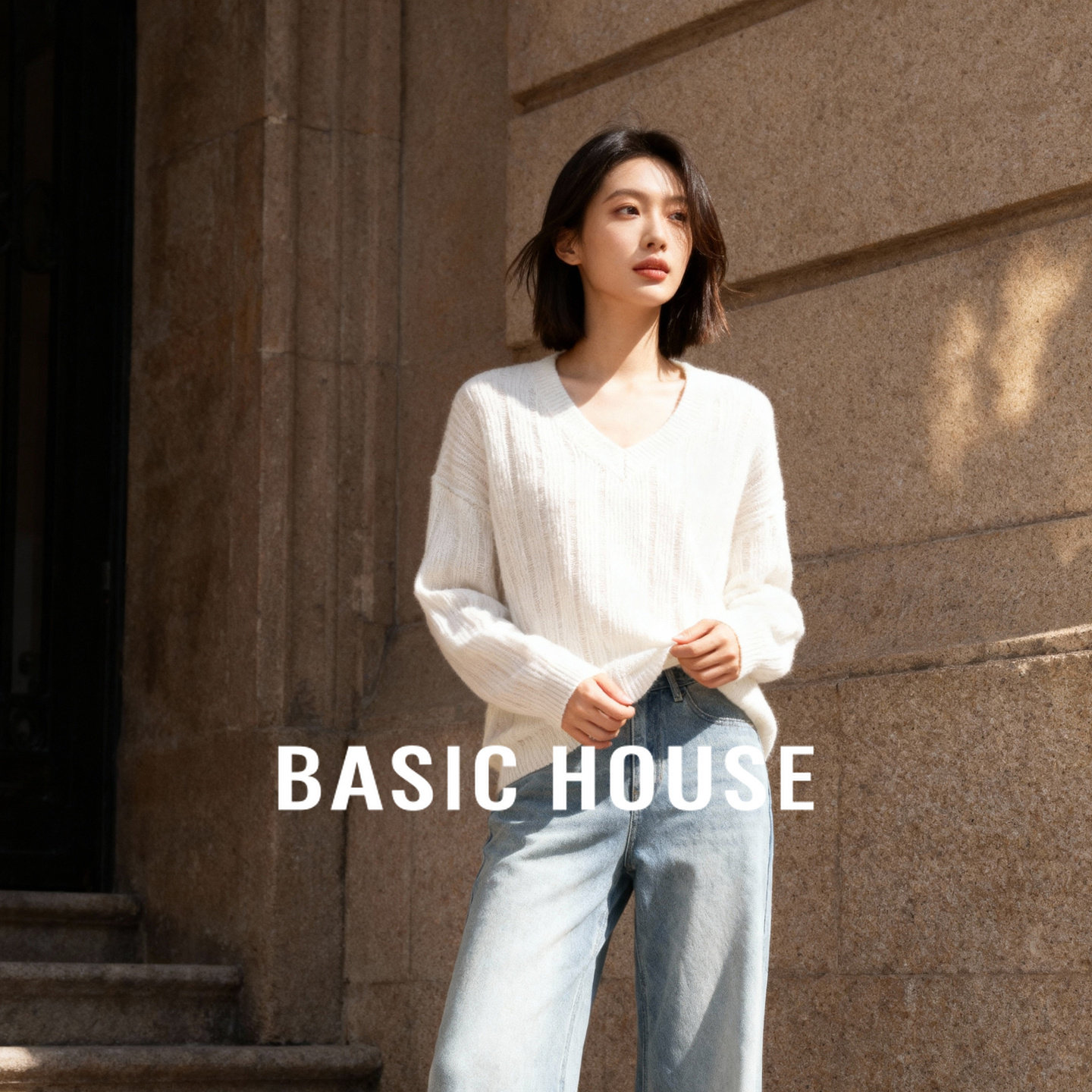 Basic House/百家好羊驼毛慵懒镂空针织衫宽松显瘦绵羊毛V领上衣