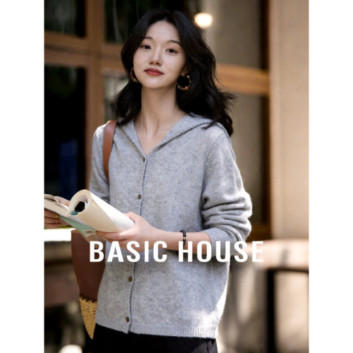 Basic House/百家好连帽针织开衫女26春夏新款灰色显瘦羊毛衫外套
