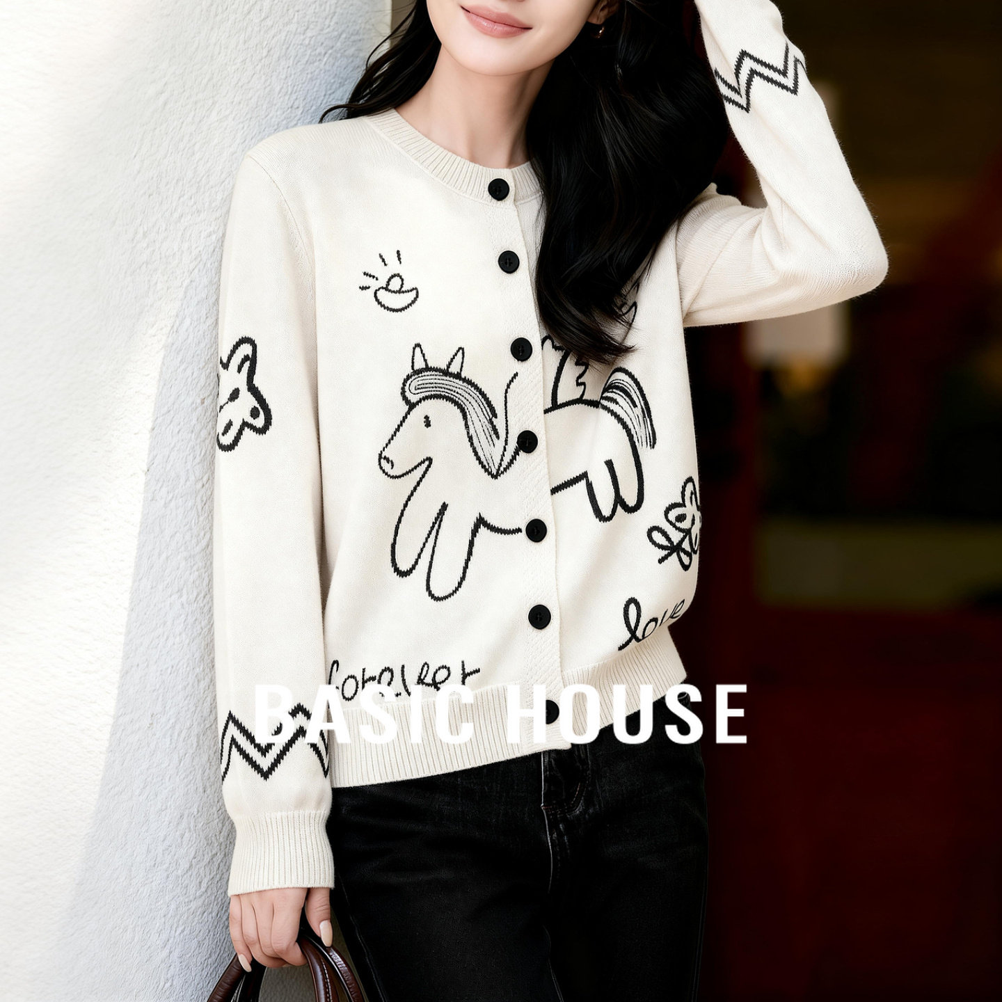 百家好「马上来财」绵羊毛毛衣女冬童趣提花刺绣宽松圆领针织开衫