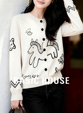 百家好「马上来财」绵羊毛毛衣女冬童趣提花刺绣宽松圆领针织开衫