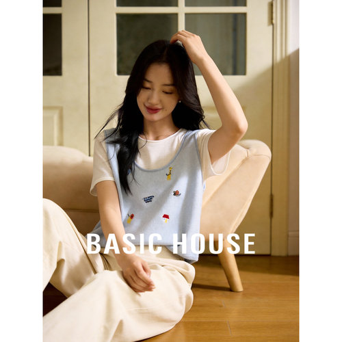 Basic House/百家好蓝色假两件短袖针织衫女2026夏季新款刺绣上衣