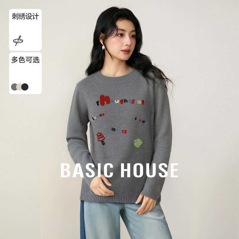 Basic House/百家好撞色字母刺绣毛衣秋冬新款圆领宽松短款上衣女